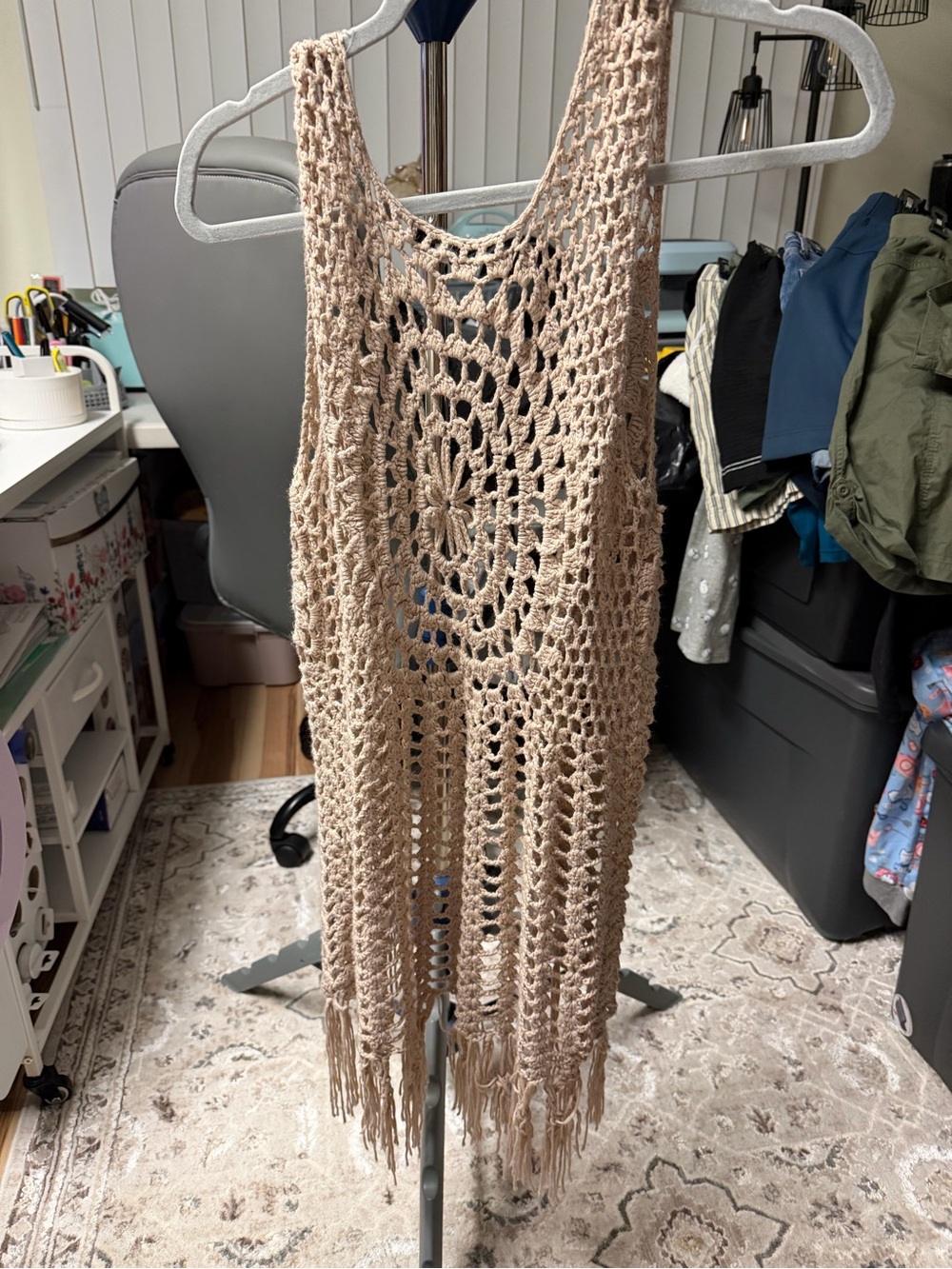 New Medium Beige Crochet Fringe Sleeveless Sweater Vest